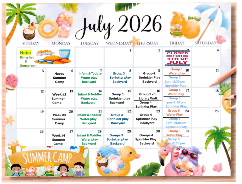 July 2026 summer camp activity calendar