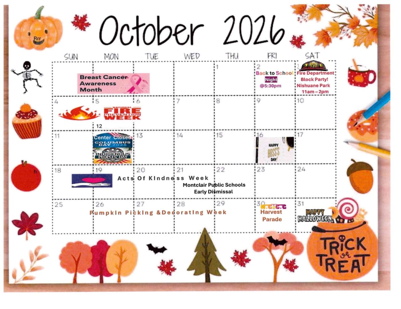 Colorful October calendar with events listed.